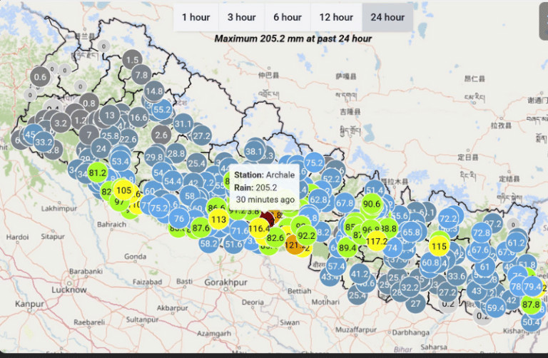पाल्पाको अर्चलेमा २४ घण्टामा २०५ मिलिमिटरभन्दा बढी वर्षा